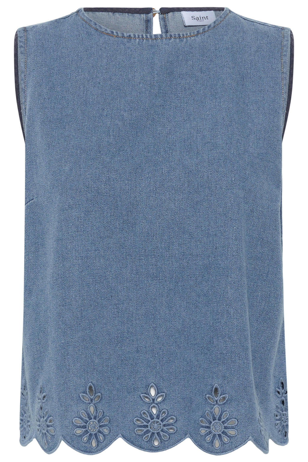Medium blue denim dames Saint Tropez top broderie van denim met effen en boothals