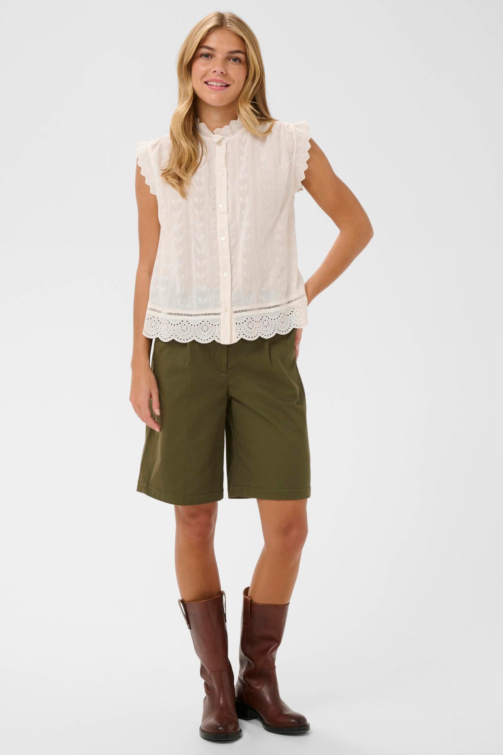 Ecru dames Saint Tropez blouse broderie van katoen met effen, ronde hals en knoopsluiting