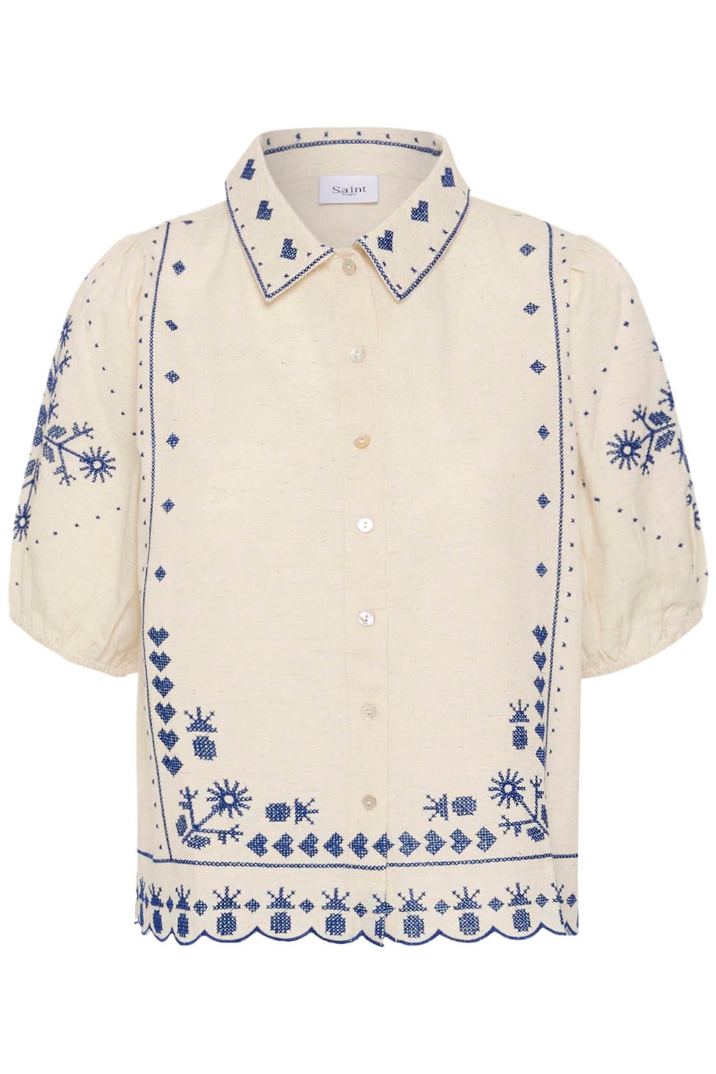 Crème, creme en blauwe dames Saint Tropez blouse broderie crème van viscose met effen, korte mouwen, klassieke kraag en knoopsluiting