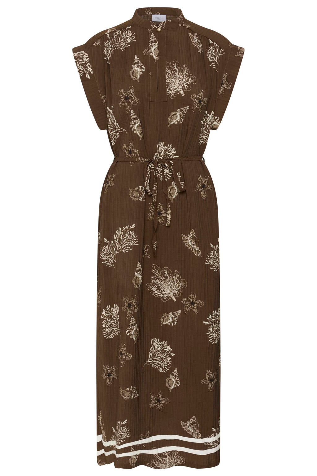 Bruin en ecru dames Saint Tropez midi jurk van viscose met grafische print, mao kraag en knoopsluiting