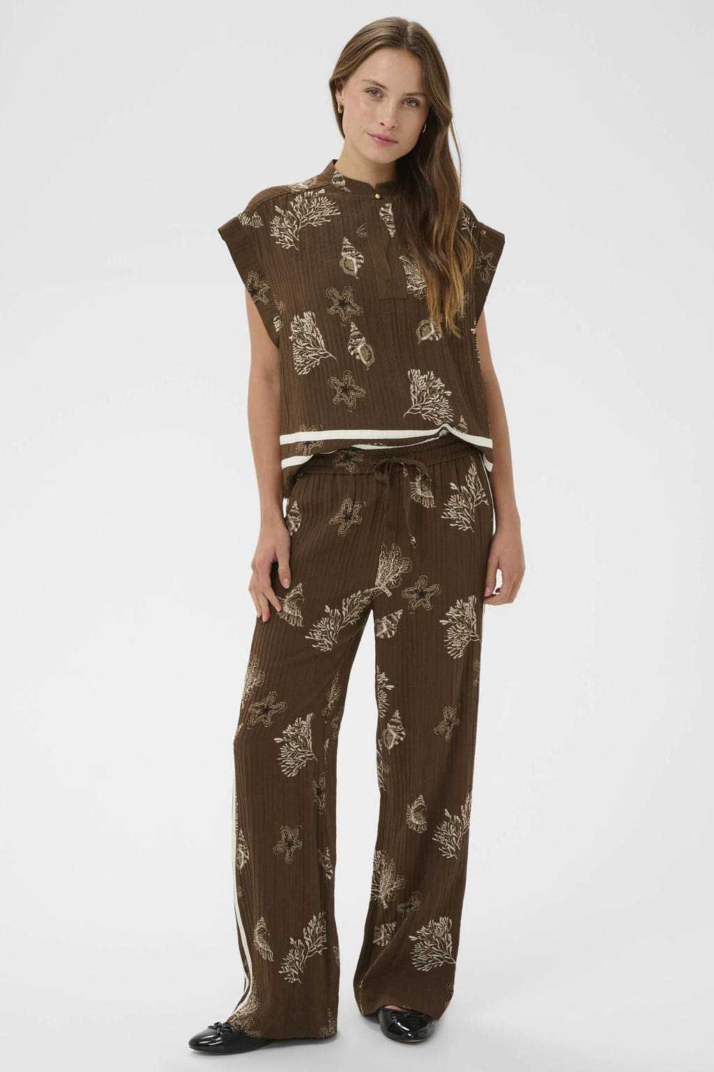 Bruin en ecru dames Saint Tropez wide leg regular waist broek van viscose met elastische tailleband met koord en grafische print