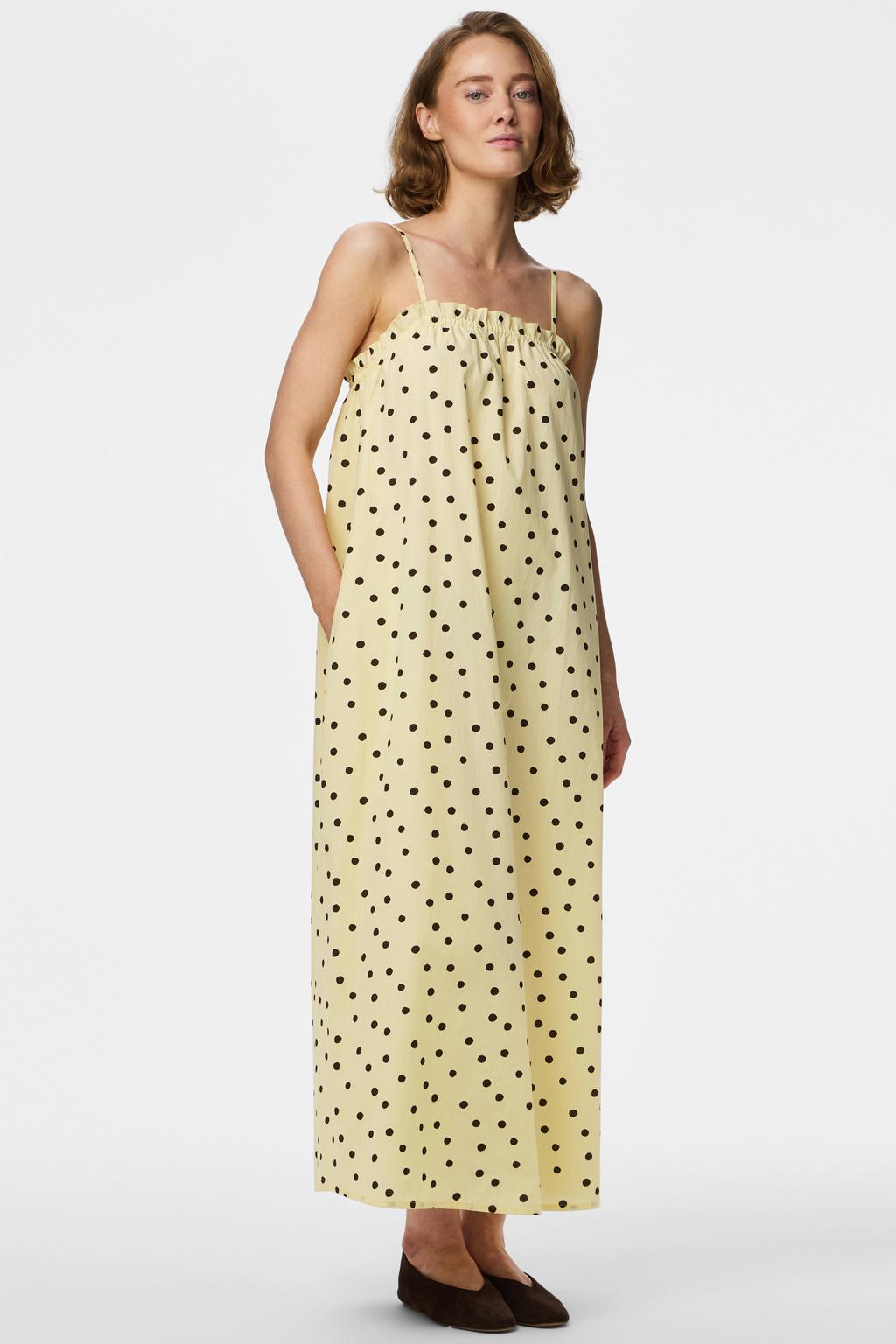 Lichtgeel en zwarte dames PIECES katoenen zomerjurk met stippenprint, spaghettibandjes, vierkante hals en geweven detail