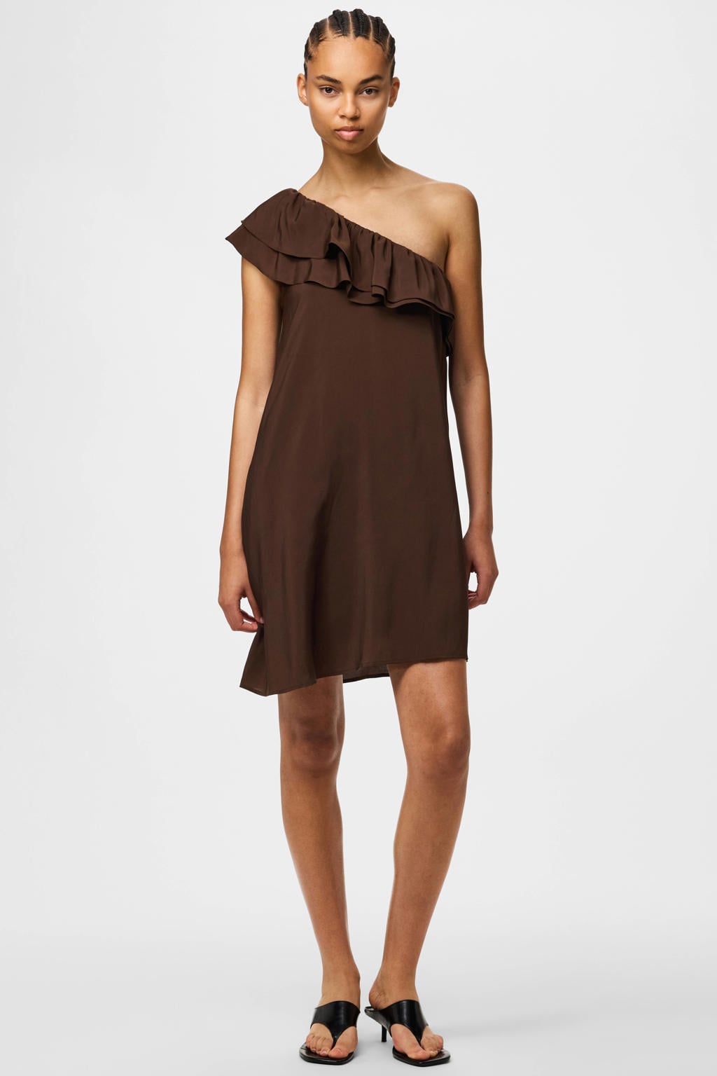 Bruine dames PIECES one shoulder jurk met effen en volant