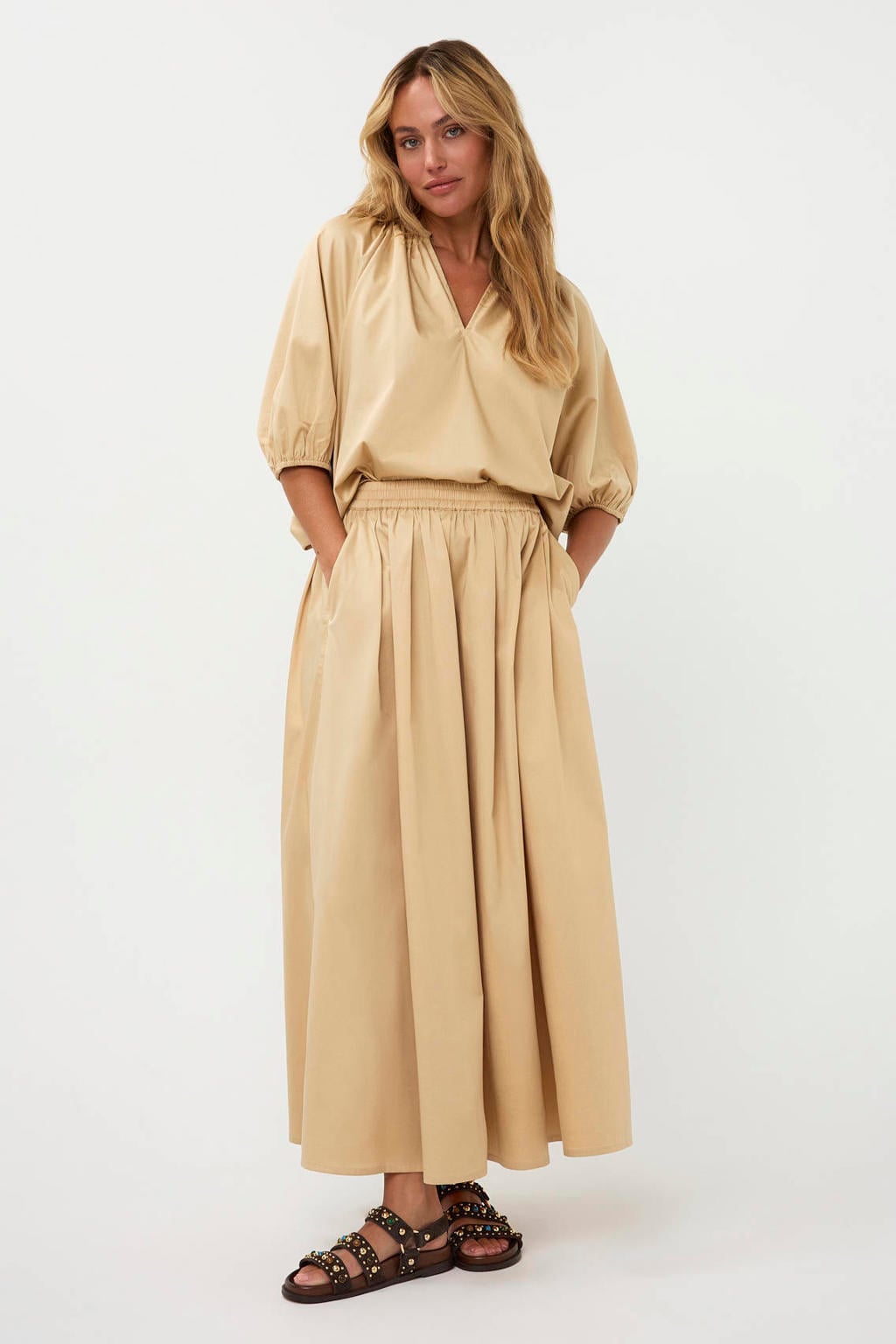 Beige dames AMAYA Amsterdam maxi rok gemaakt van katoen en met elastische tailleband