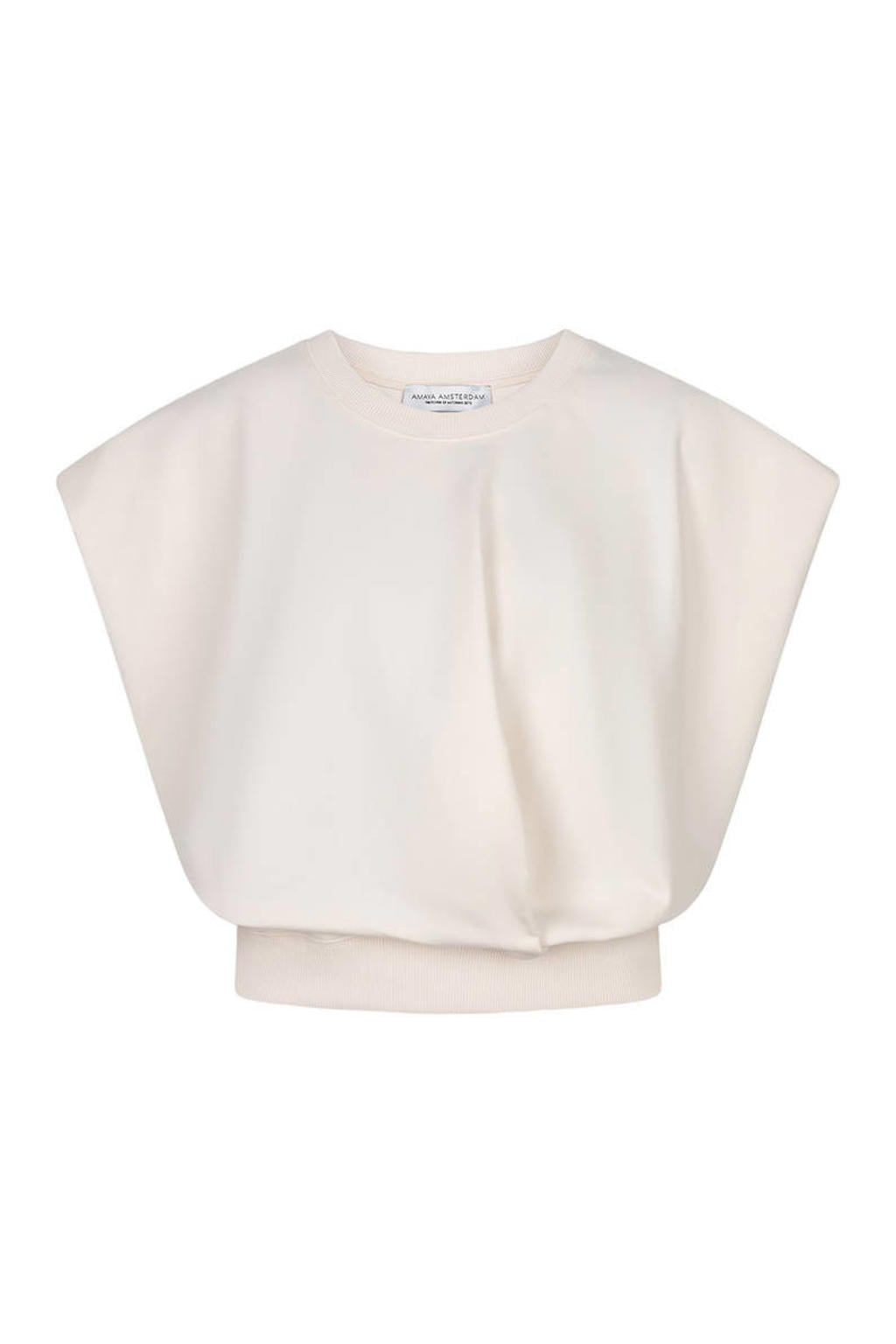 Beige dames AMAYA Amsterdam top met effen, korte mouwen, ronde hals en elastische boord