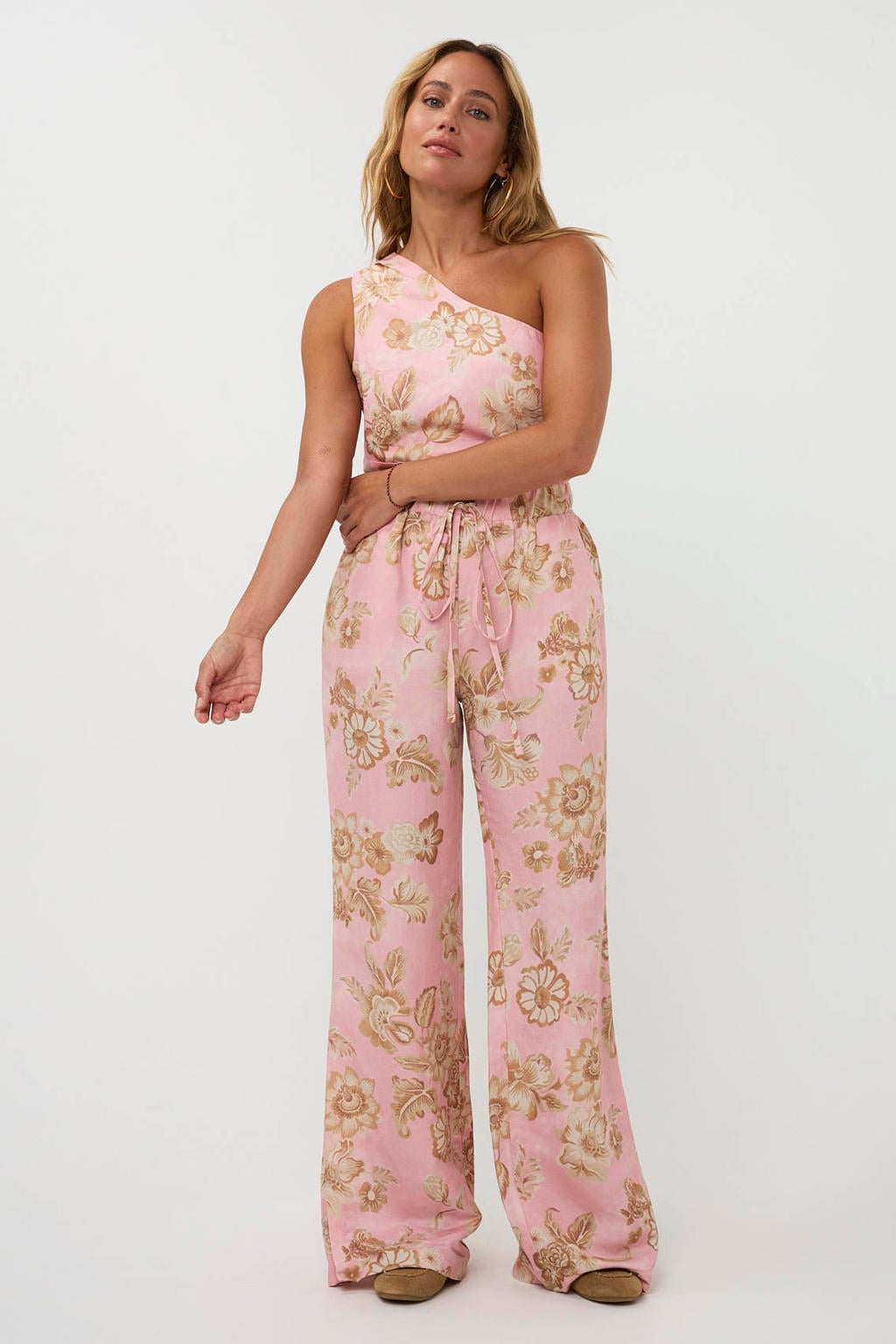 Lichtroze dames AMAYA Amsterdam high waist gebloemde broek van linnen met loose fit en elastische tailleband met koord