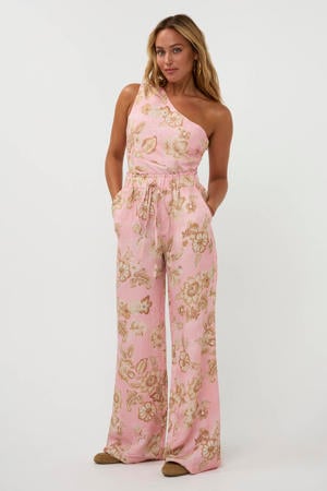 high waist gebloemde broek met linnen lichtroze