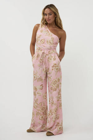 high waist gebloemde broek met linnen lichtroze