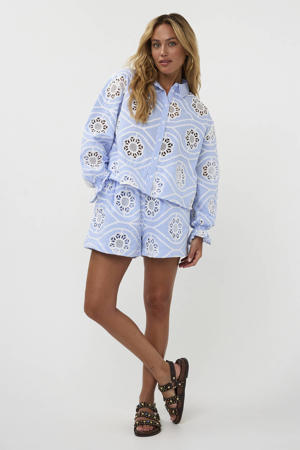 high waist gestreepte casual short broderie lichtblauw