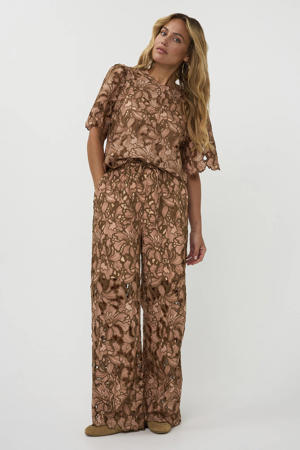 high waist gebloemde broek broderie bruin
