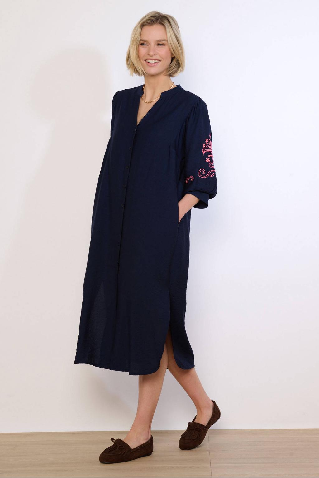 Donkerblauwe dames LOLALIZA midi jurk van polyester met effen, half lange mouwen, klassieke kraag en knoopsluiting
