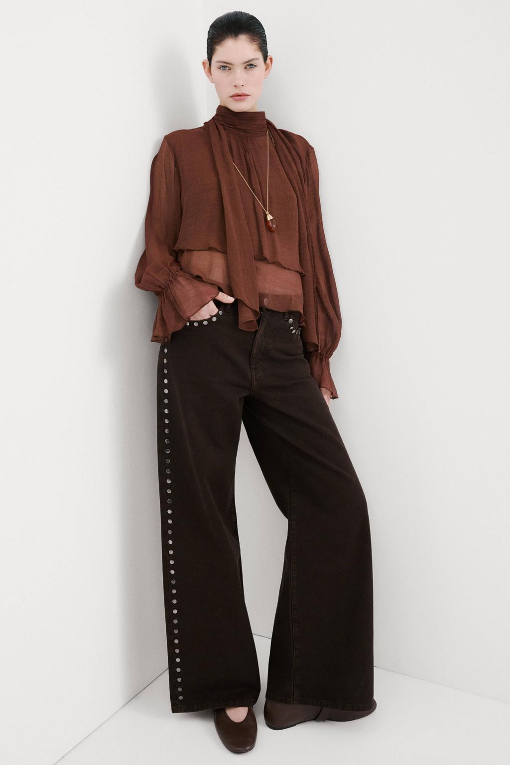 Donkerblauwe dames Mango wide leg jeans van denim met rits- en knoopsluiting en effen