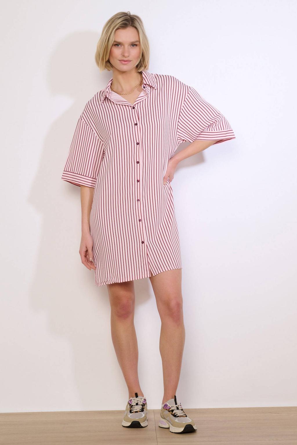 Lichtroze dames LOLALIZA gestreepte blousejurk van polyester met korte mouwen, klassieke kraag en knoopsluiting