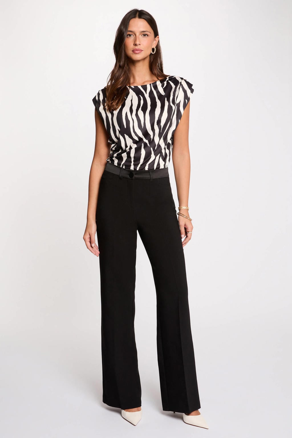 Multikleurige dames Morgan top van polyester met dierenprint, boothals en golvende afwerking