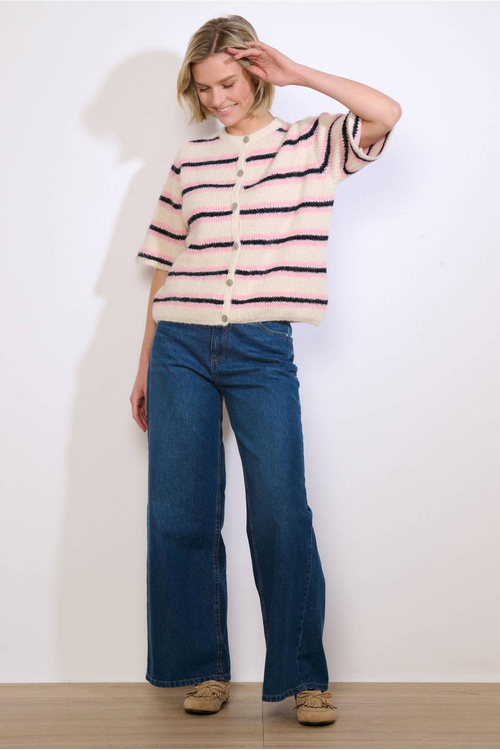Wit en roze dames LOLALIZA gestreepte gebreid vest met korte mouwen, ronde hals en knoopsluiting