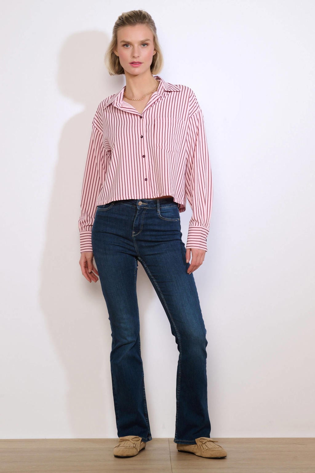 dames LOLALIZA gestreepte blouse van polyester met lange mouwen, klassieke kraag en knoopsluiting