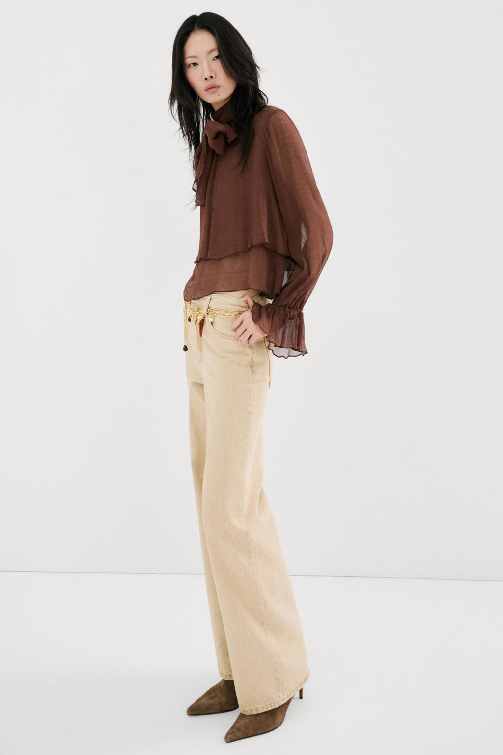 Beige dames Mango high waist wide leg jeans van katoen met rits- en knoopsluiting en effen