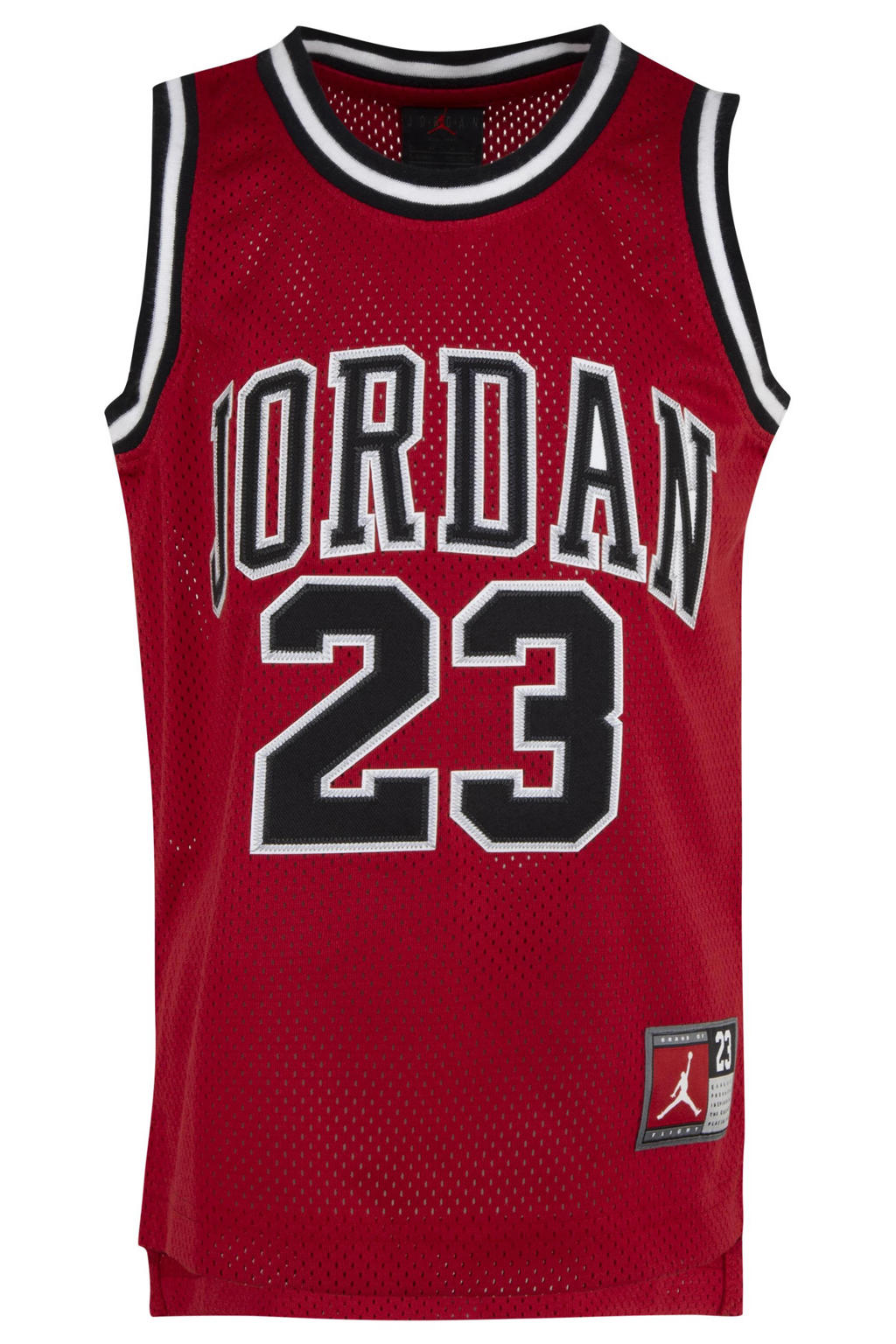 Rood, zwart en witte jongens en meisjes Jordan singlet van polyester met backprint, korte mouwen en ronde hals
