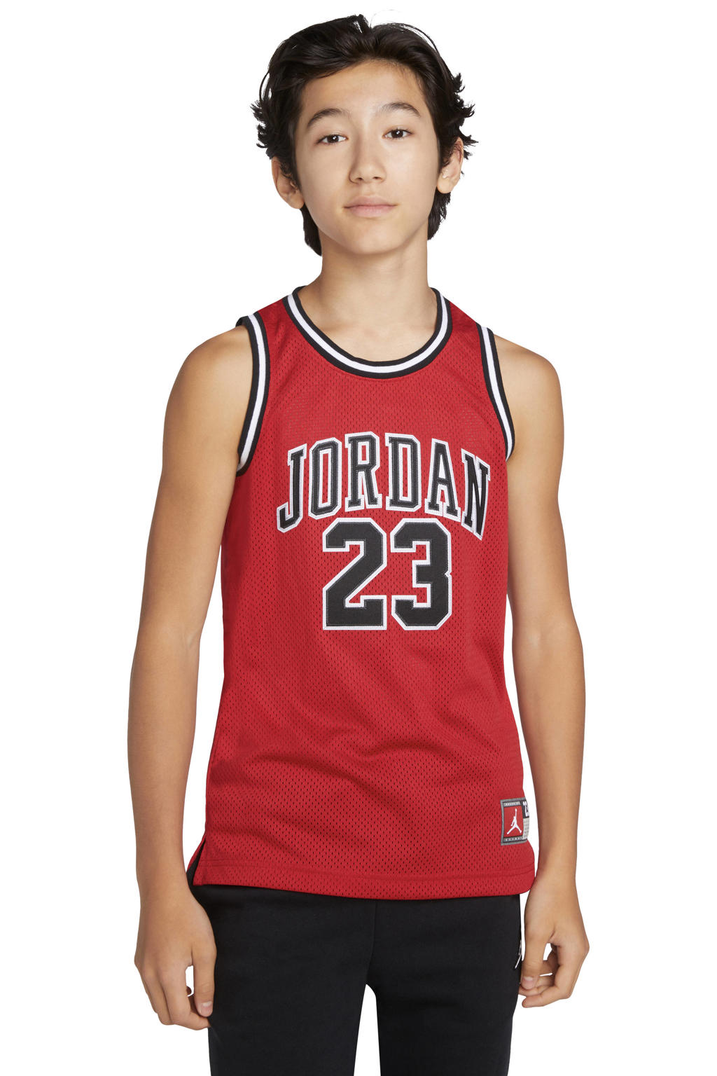 Rood, zwart en witte jongens en meisjes Jordan singlet van polyester met backprint, korte mouwen en ronde hals