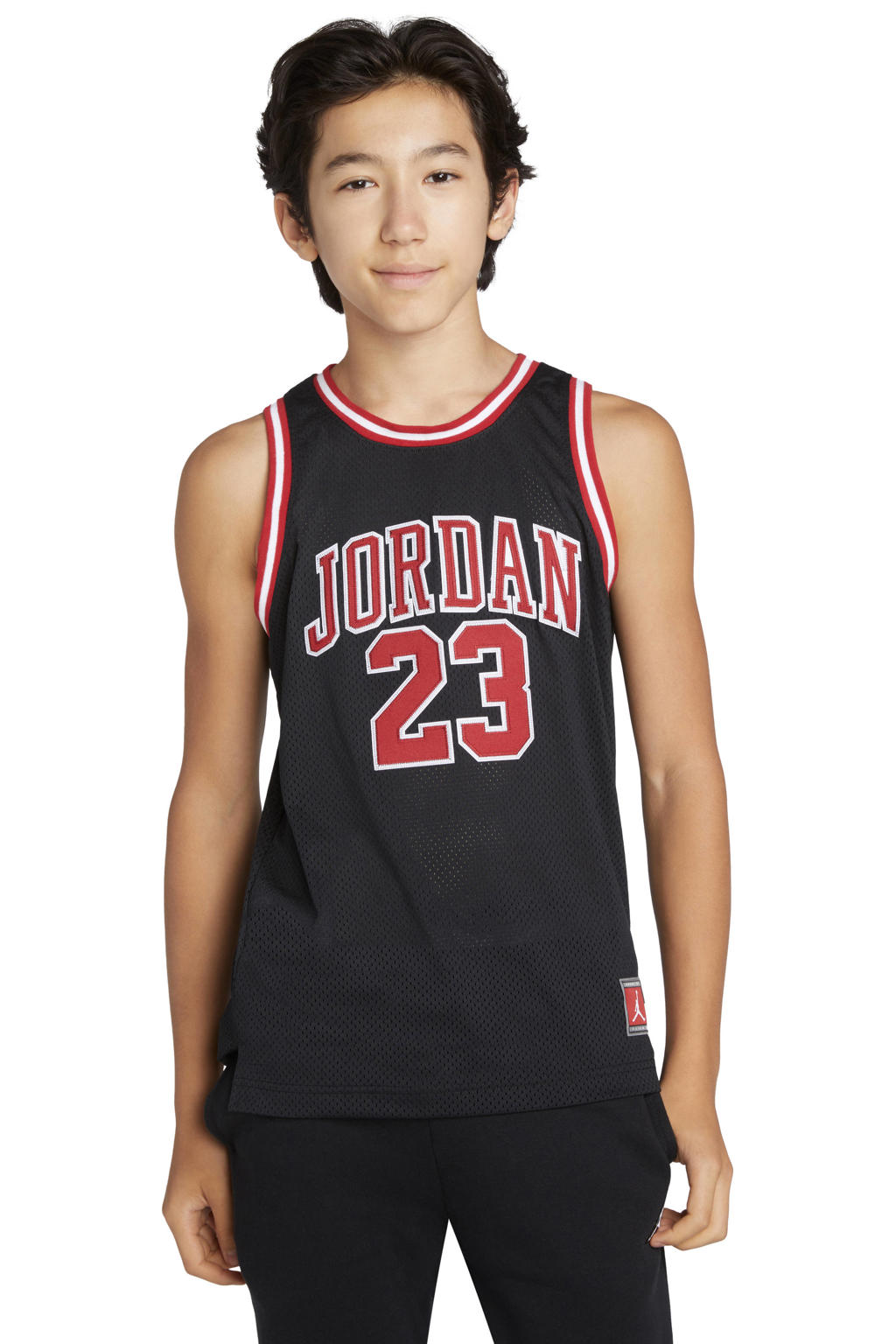Zwart, rood en witte jongens en meisjes Jordan singlet van polyester met backprint, korte mouwen en ronde hals