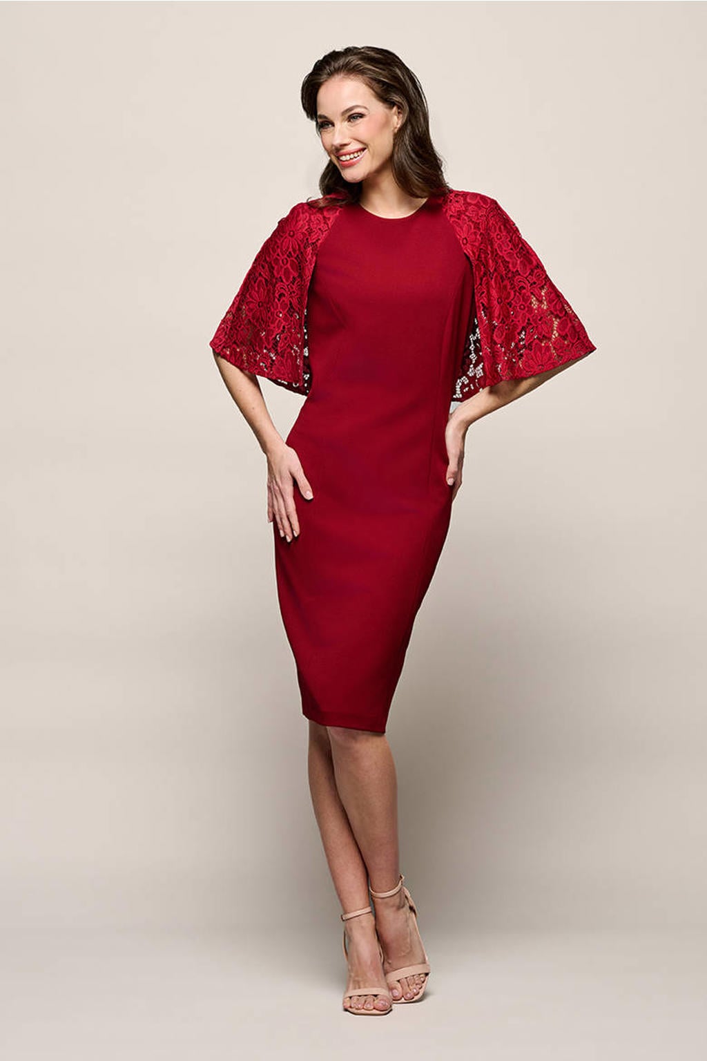 Donkerrode dames Mart Visser midi jurk van polyester met effen, half lange mouwen, ronde hals en blinde ritssluiting