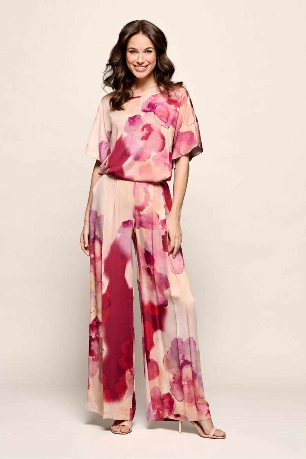 Roze en beige dames Mart Visser gebloemde top met korte mouwen en ronde hals