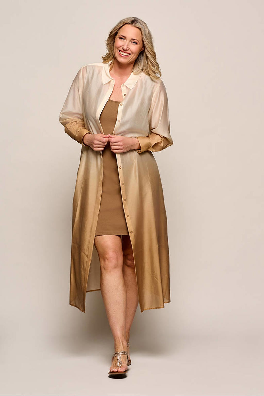 Camel en ecru dames Mart Visser blousejurk van lyocell met dip-dye effect, lange mouwen, klassieke kraag en blinde knoopsluiting