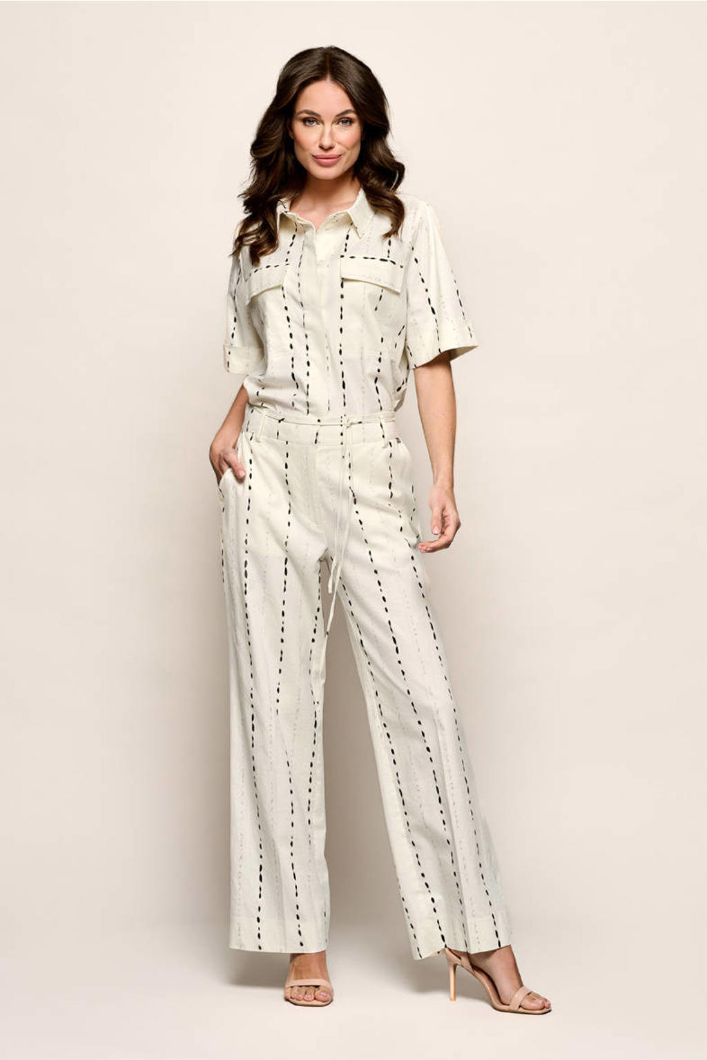 Ecru en zwarte dames Mart Visser wide leg regular waist gestreepte broek van linnen met rits- en haaksluiting