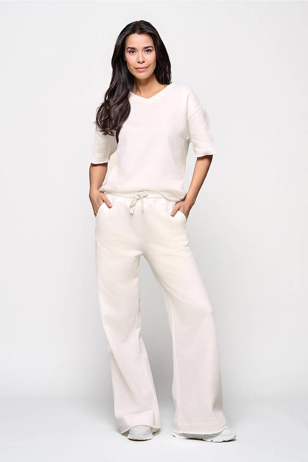 Ecru dames Mart Visser X Caroline Tensen wide leg high waist casual broek van katoen met elastische tailleband met koord en effen