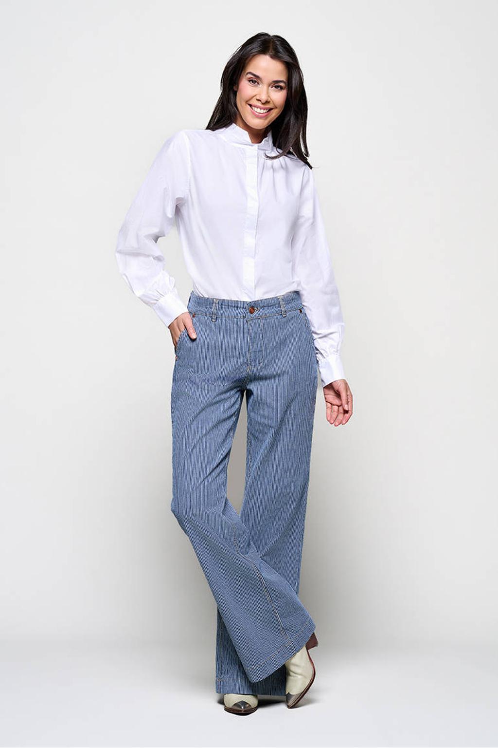 Blauw en witte dames Mart Visser X Caroline Tensen Charlotte straight leg jeans van denim met rits- en knoopsluiting en krijtstreepprint