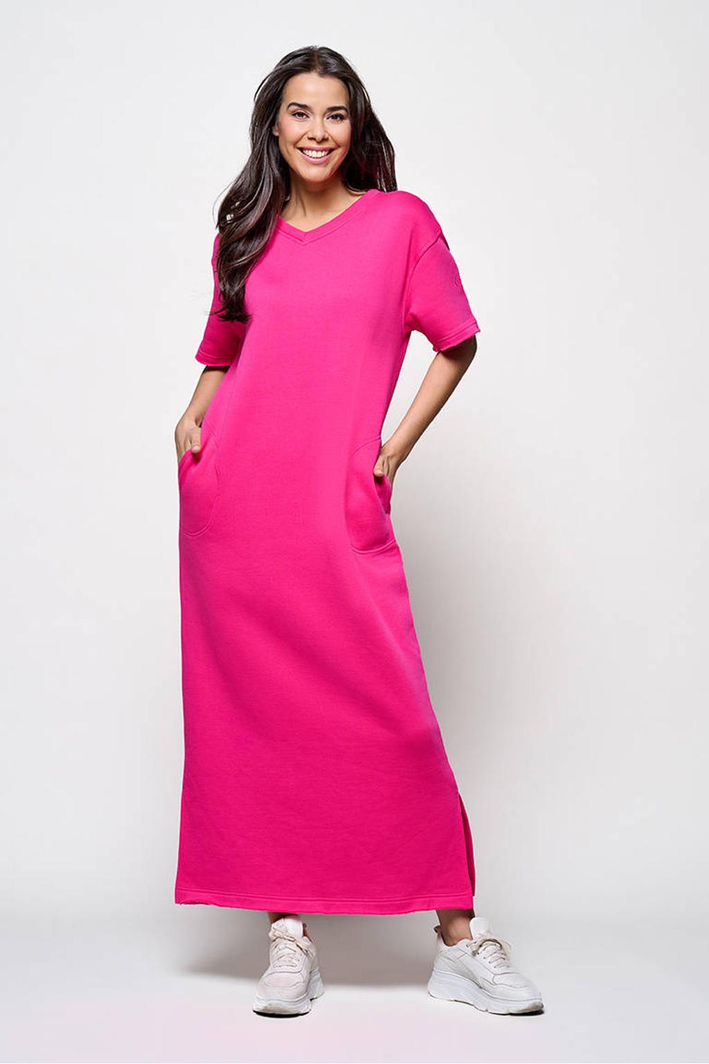 Fuchsia dames Mart Visser X Caroline Tensen maxi jurk van katoen met effen, korte mouwen en V-hals