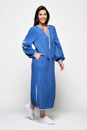 midi zomerjurk met borduursels - blauw