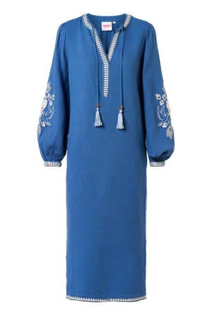 midi zomerjurk met borduursels - blauw