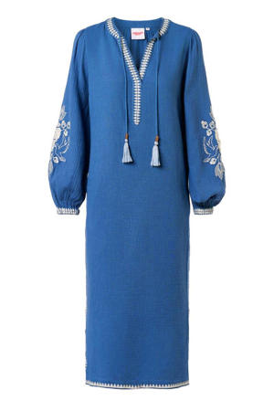midi zomerjurk met borduursels - blauw
