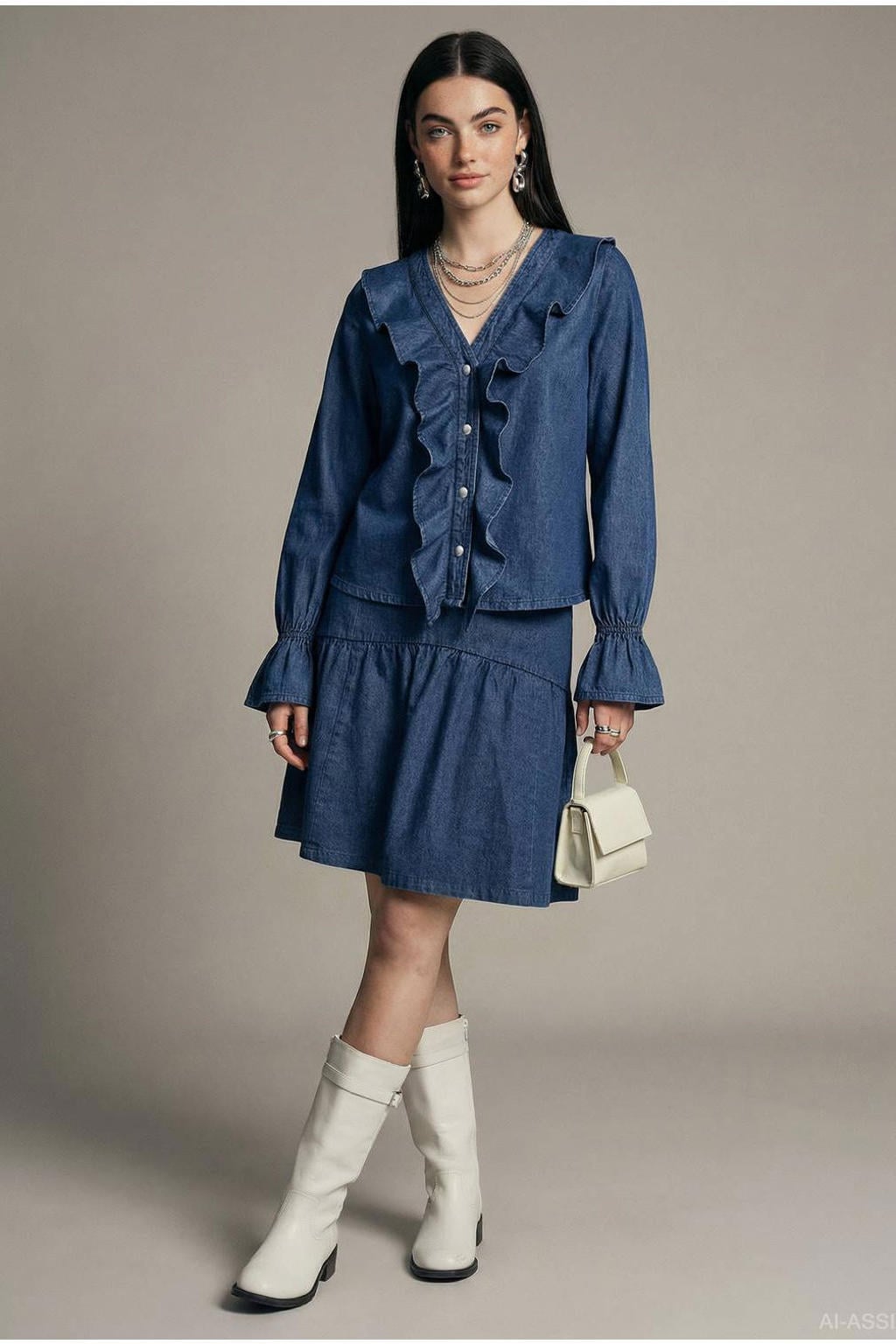 Medium blue denim dames HYPEDROP blouse van katoen met effen, lange mouwen, klassieke kraag, knoopsluiting en ruches