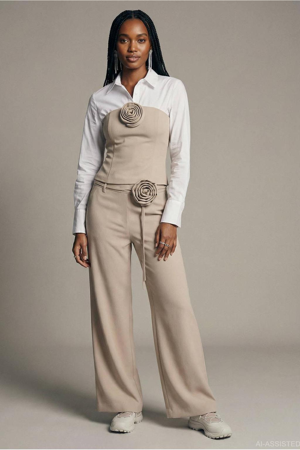 Taupe dames HYPEDROP wide leg regular waist casual broek van katoen met ritssluiting en effen