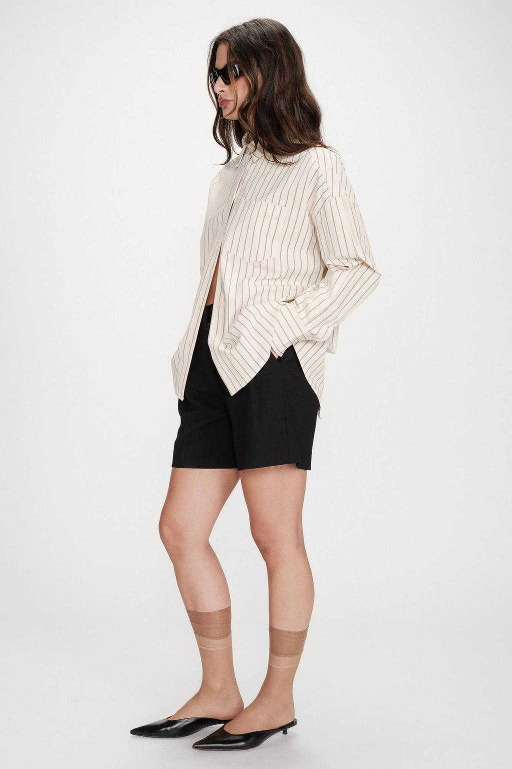 Beige dames Grace & Mila gestreepte blouse van katoen met lange mouwen, klassieke kraag, knoopsluiting en open rug