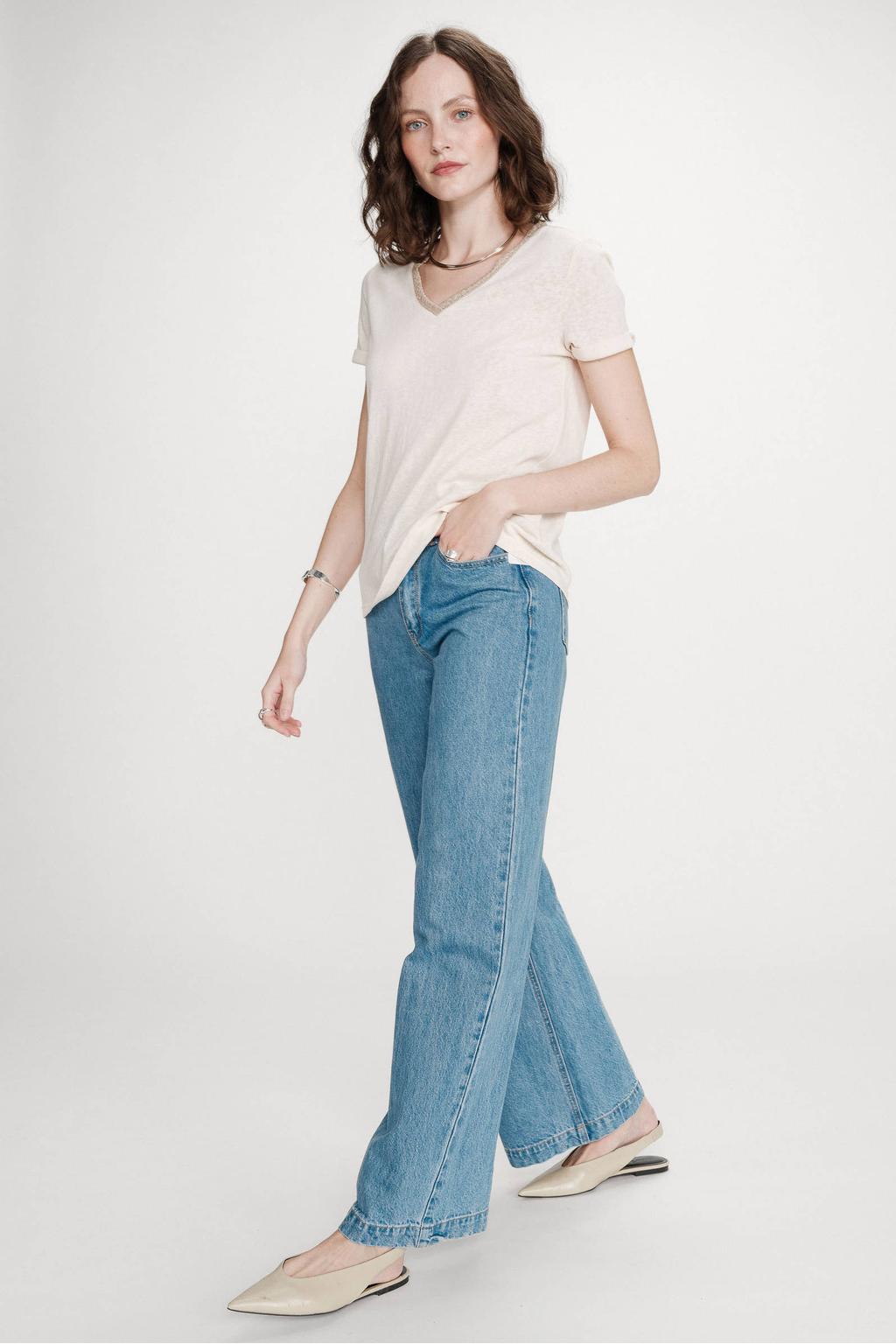 Beige dames Grace & Mila T-shirt van katoen met effen, korte mouwen en V-hals