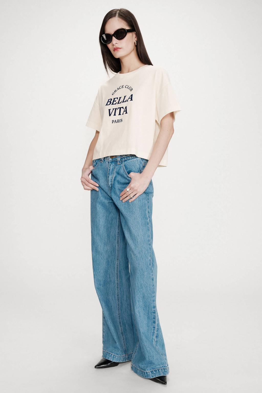Ecru dames Grace & Mila T-shirt van katoen met tekst print, korte mouwen en ronde hals