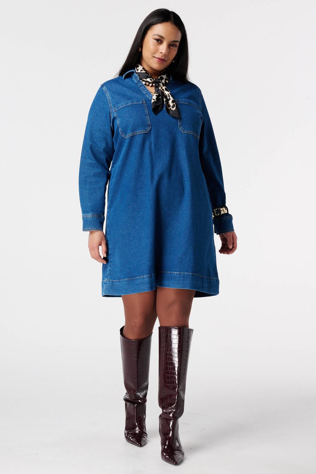 Dark blue denim dames MS Mode spijkerjurk dark blue van denim met effen, lange mouwen en klassieke kraag