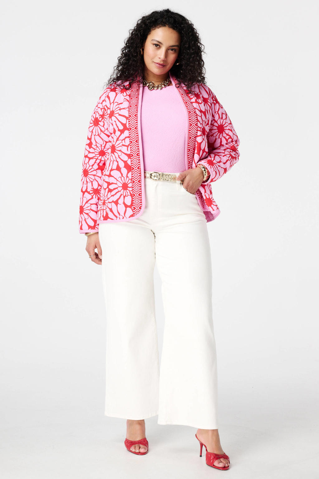 Roze en rode dames MS Mode jasje van katoen met bloemenprint, lange mouwen en klassieke kraag