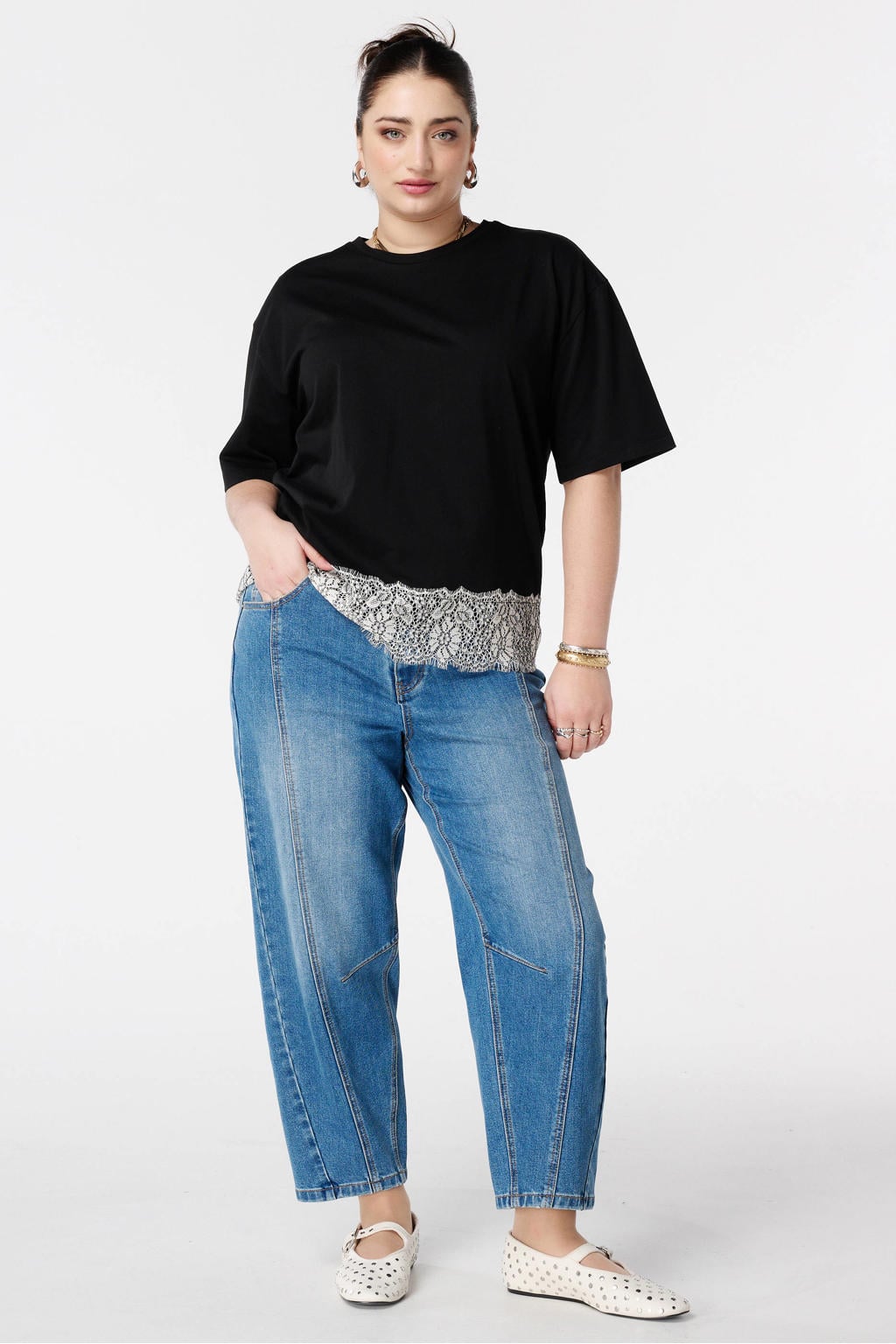 Zwarte dames MS Mode T-shirt van katoen met effen, half lange mouwen, klassieke kraag en kant