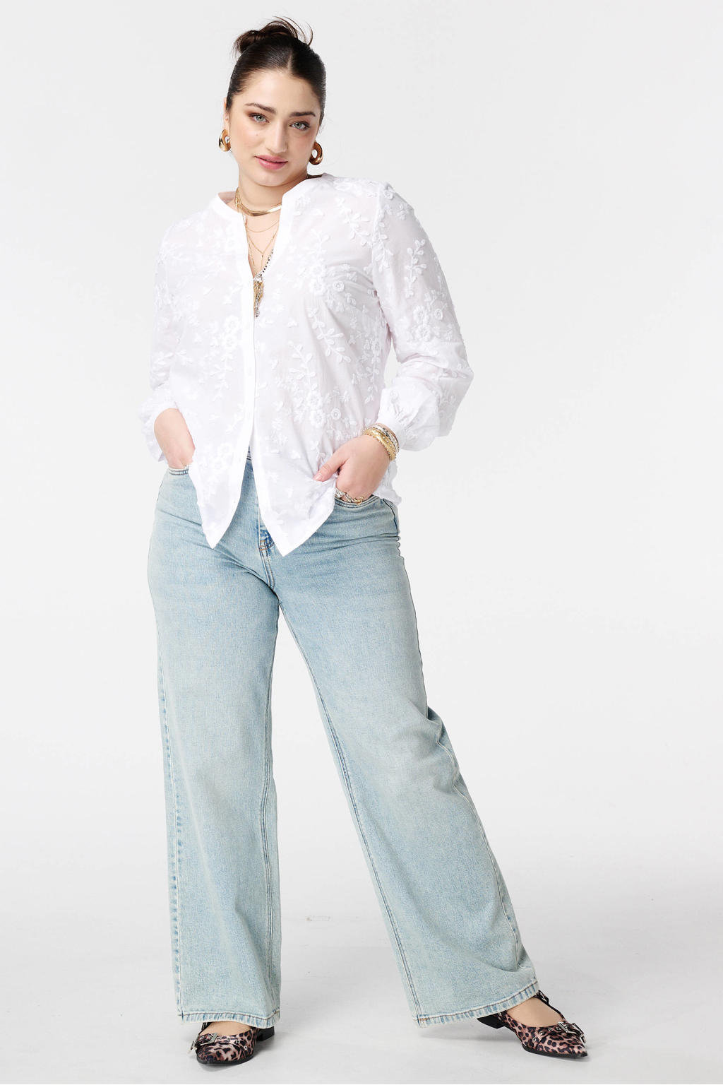 Witte dames MS Mode blouse van katoen met effen, lange mouwen, klassieke kraag, knoopsluiting en borduursels