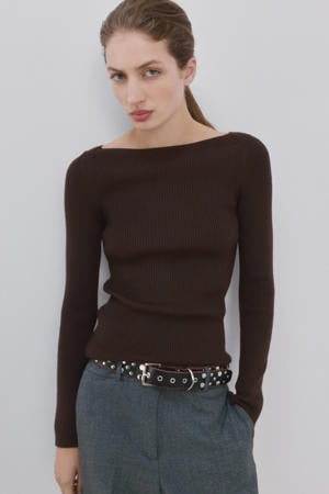 gestreepte pullover donkerbruin rib gebreid
