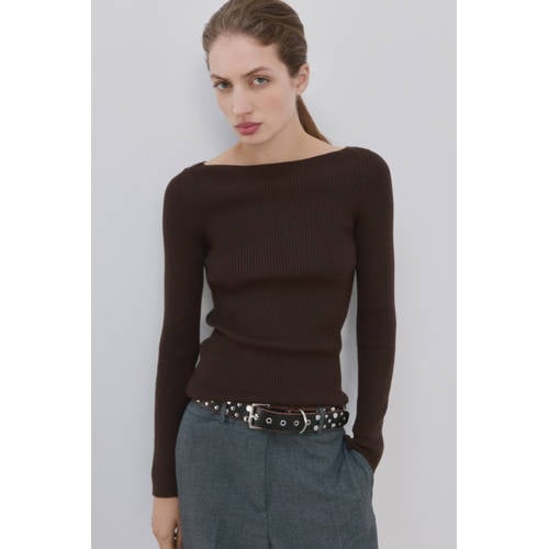 Mango gestreepte pullover donkerbruin rib gebreid afbeelding