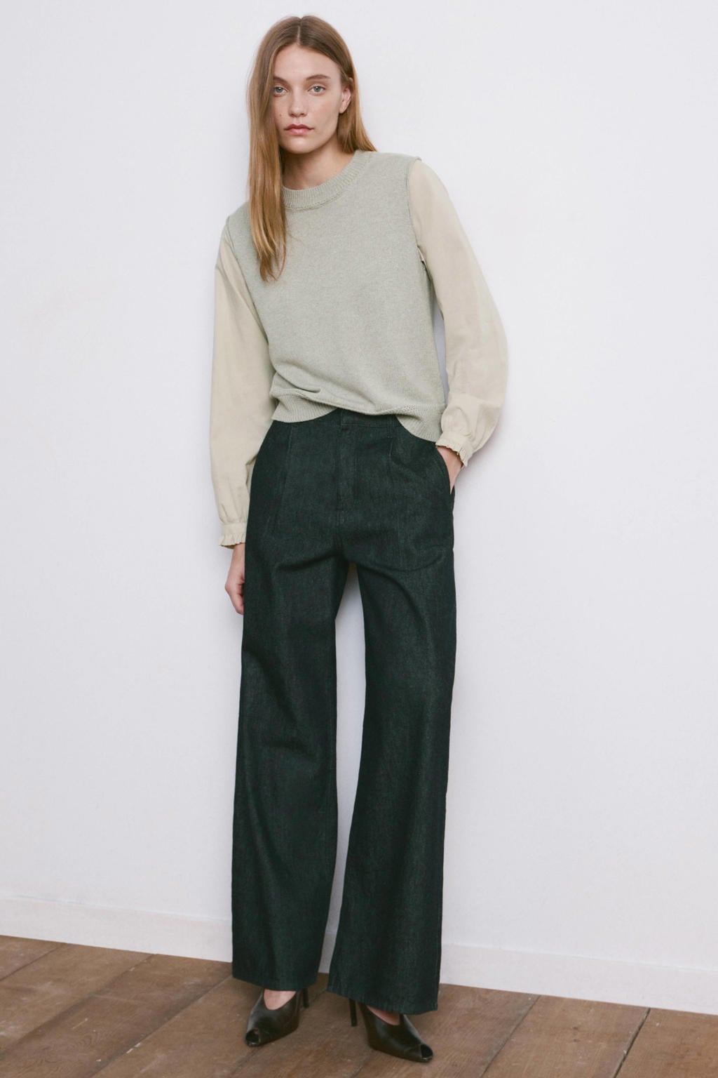 Lichtgroene dames Mango sweater van polyester met effen, lange mouwen en ronde hals