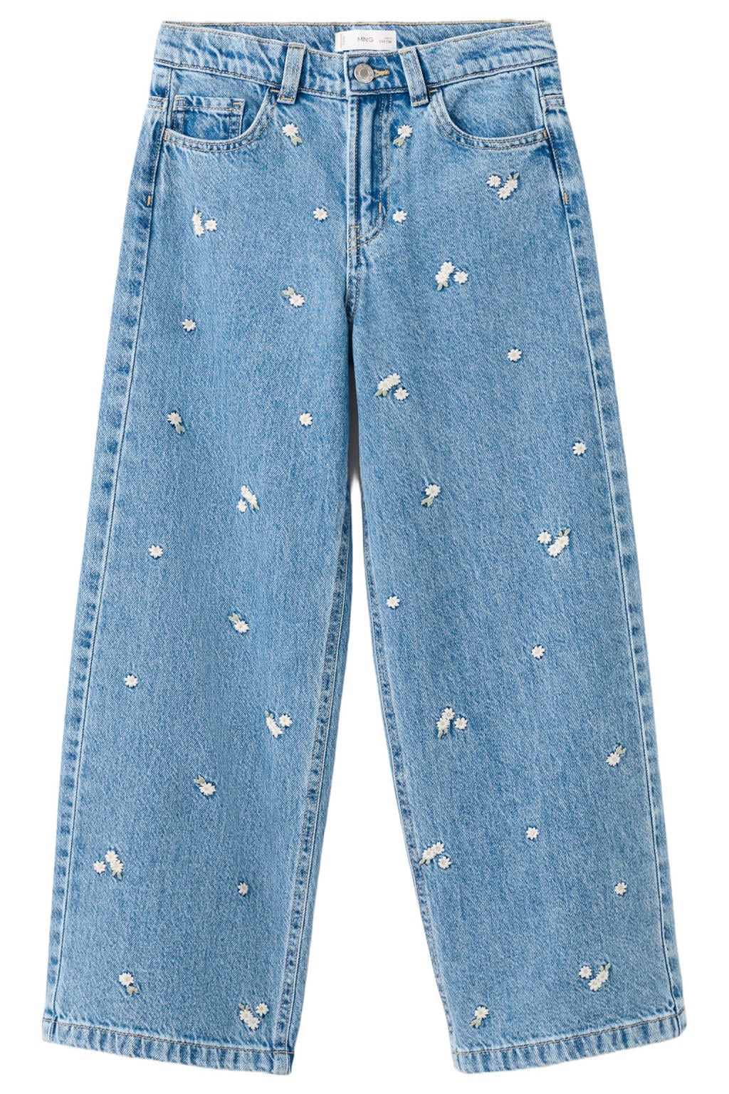 Medium blue denim meisjes Mango Kids wide leg jeans van denim met rits- en knoopsluiting en effen