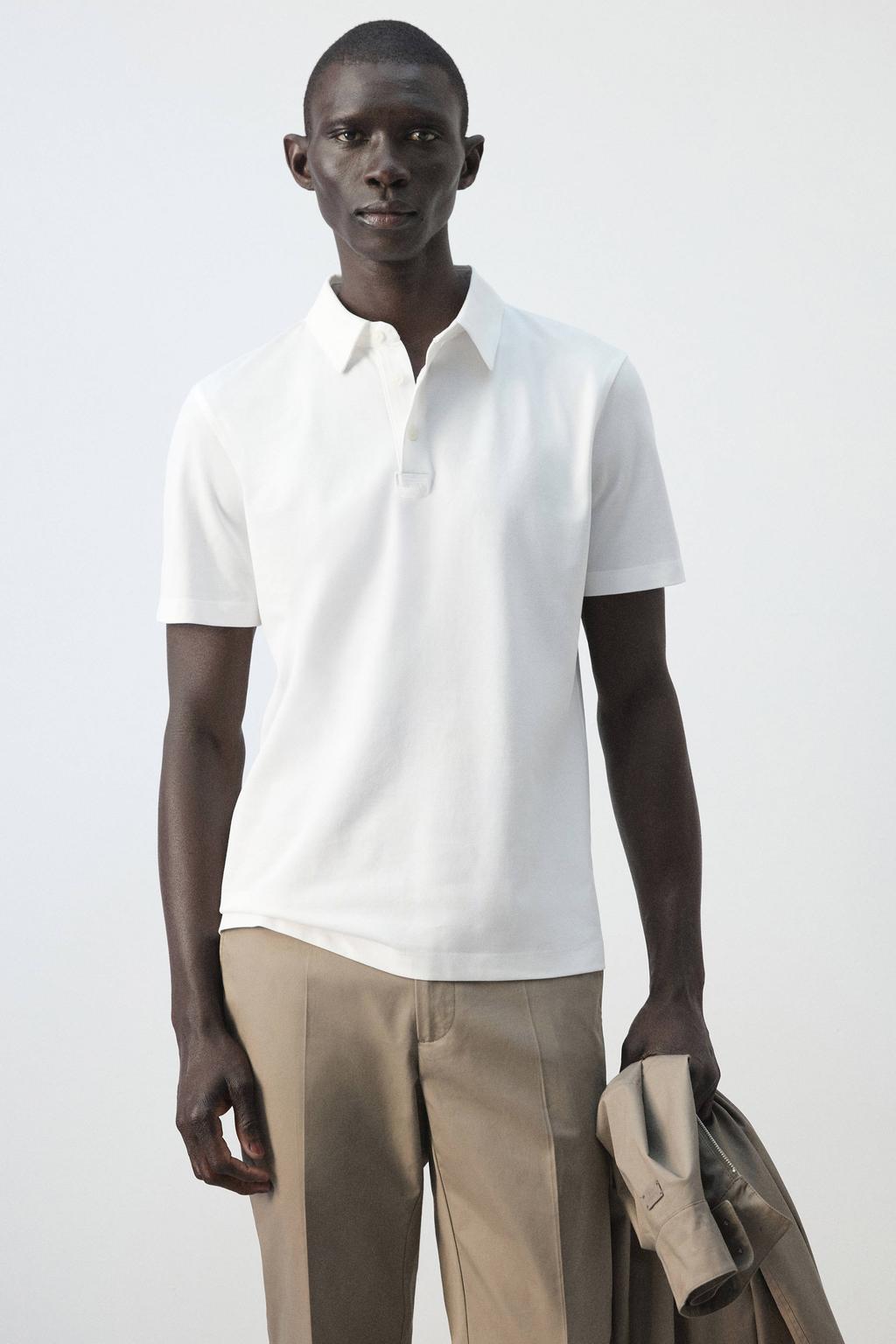 Witte heren Mango Man slim polo van katoen met effen, korte mouwen en pique