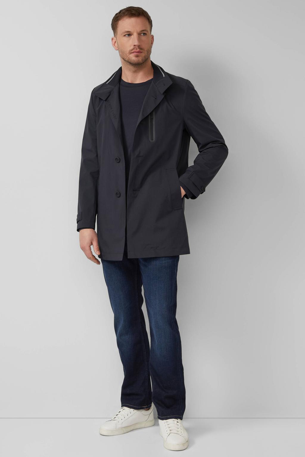 Donkerblauwe heren s.Oliver BLACK LABEL trenchcoat van polyester met effen, lange mouwen, opstaande kraag en knoopsluiting