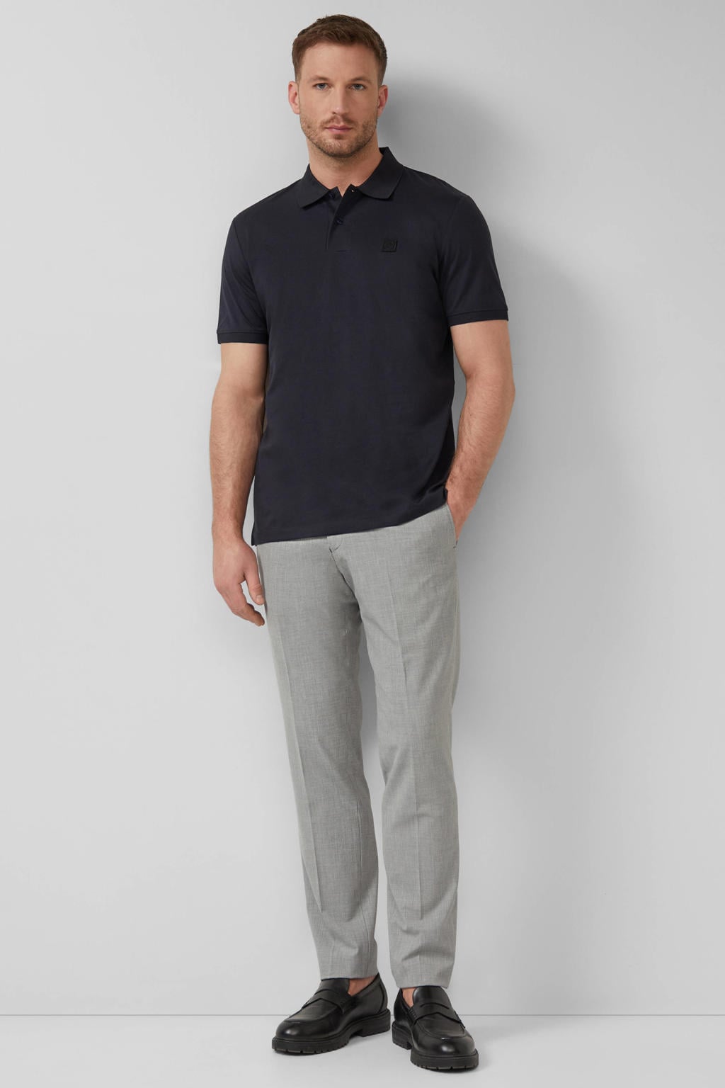 Donkerblauwe heren s.Oliver BLACK LABEL regular polo van katoen met effen, korte mouwen en knoopsluiting